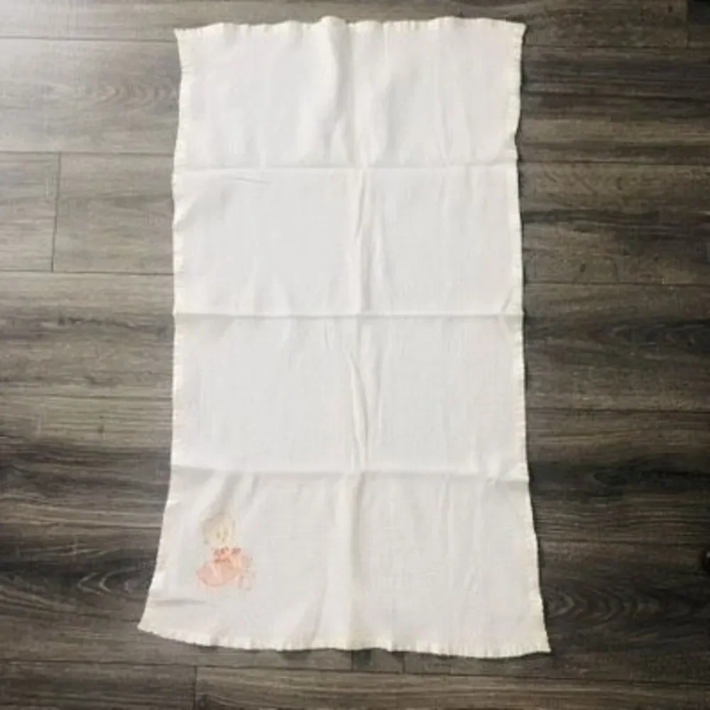 vtg waffle weave baby blanket satin trim white embroidered duck‎ flower 38x21in